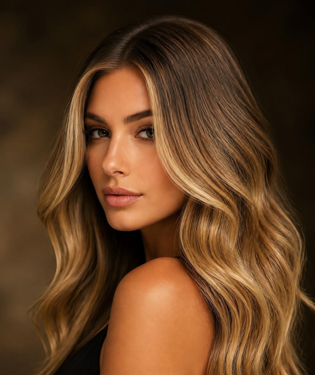 Woman with hand-painted honey balayage